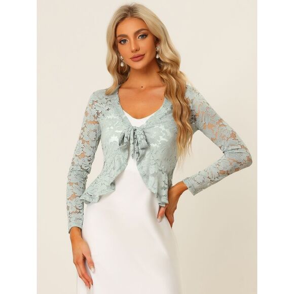 Floral Lace Shrug Tie Front Top Ruffled Hem Sheer Crop Bolero Cardigan Grey - Picture 4 of 6